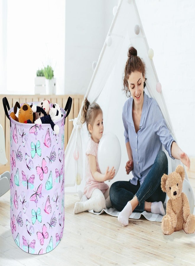 KUNRO Round Laundry Gift Basket Storage Hamper, Clothes Storage Organizer Bins, Shelf Basket with Handles for Room Decor (Purple Butterfly) - Image 5
